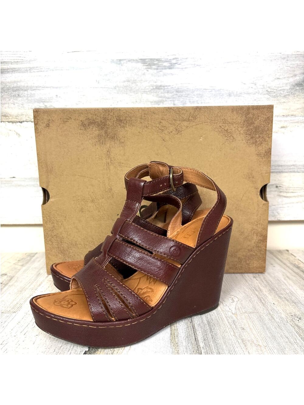 Born Womens 8 Brown Filomenta Leather Wedge Platform Sandal Buckle Ankle Casual